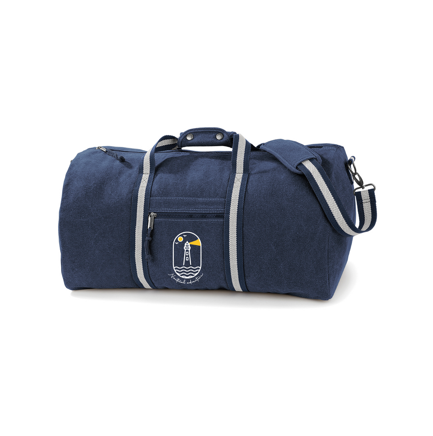 Travelbag with a logo of a lighthouse next to the ocean shining in the dark as a symbol for surfers, sailors and watersporters