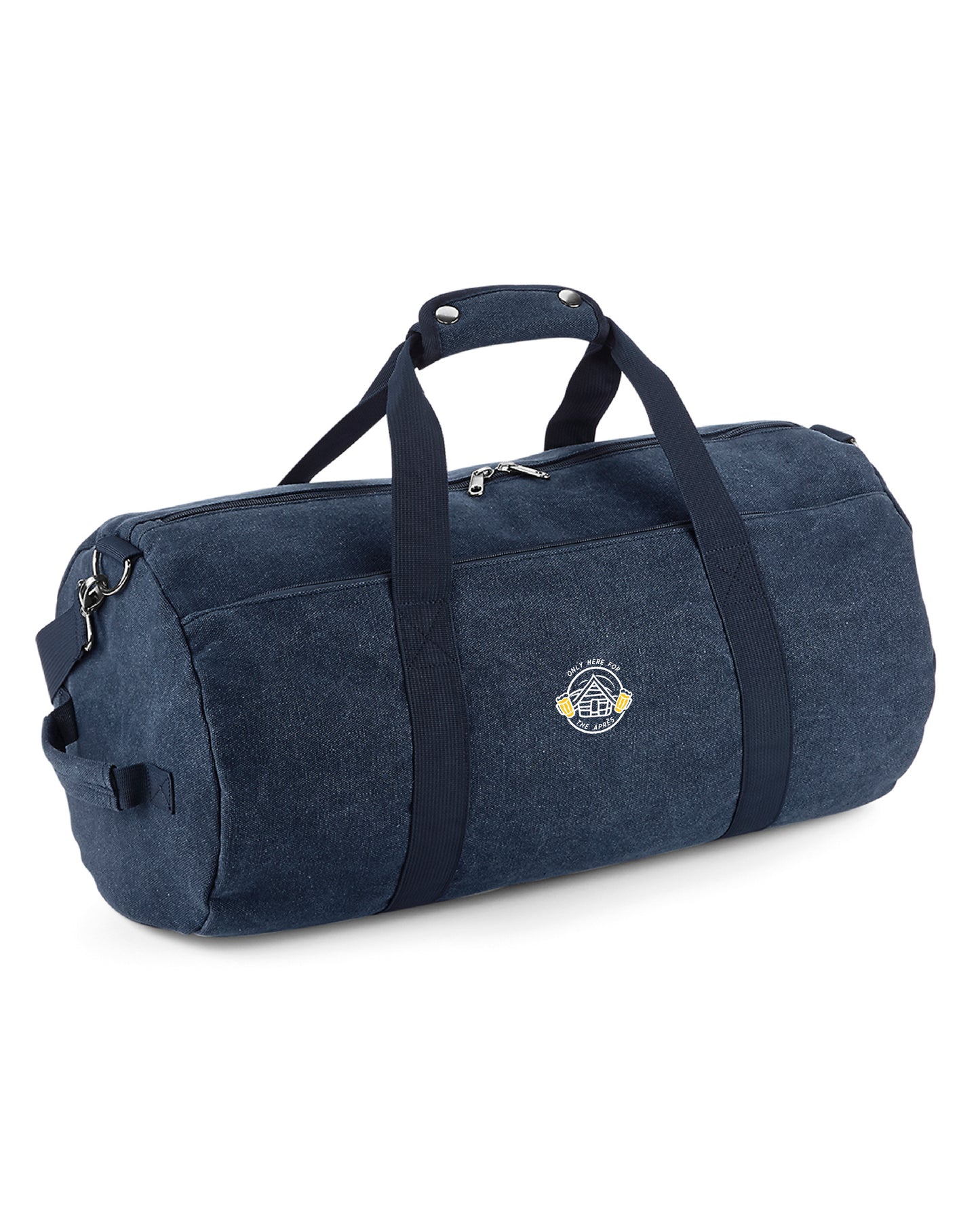 A travel bag or weekend tote showcasing a logo of an après-ski hut with two filled beer glasses beside it