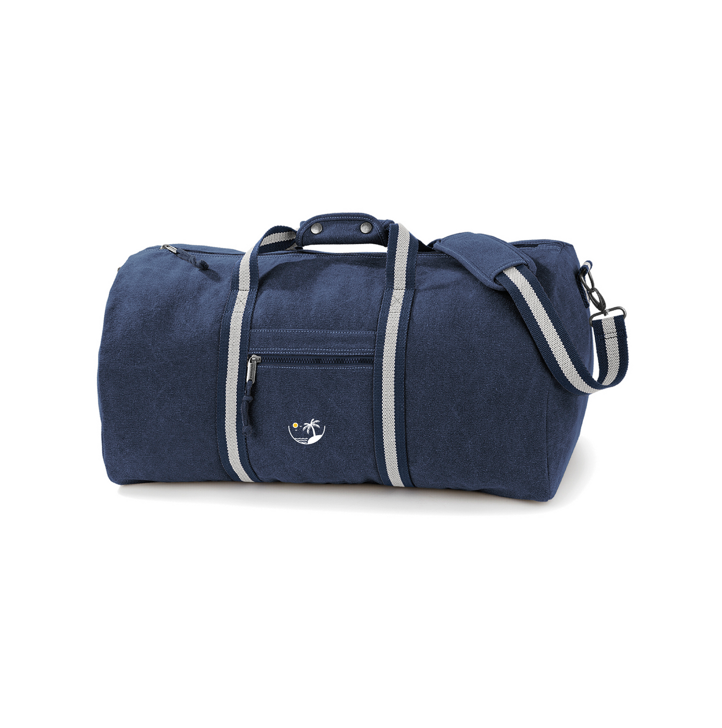 Travelbag with a Logo of a palm tree on a perfect island in the ocean