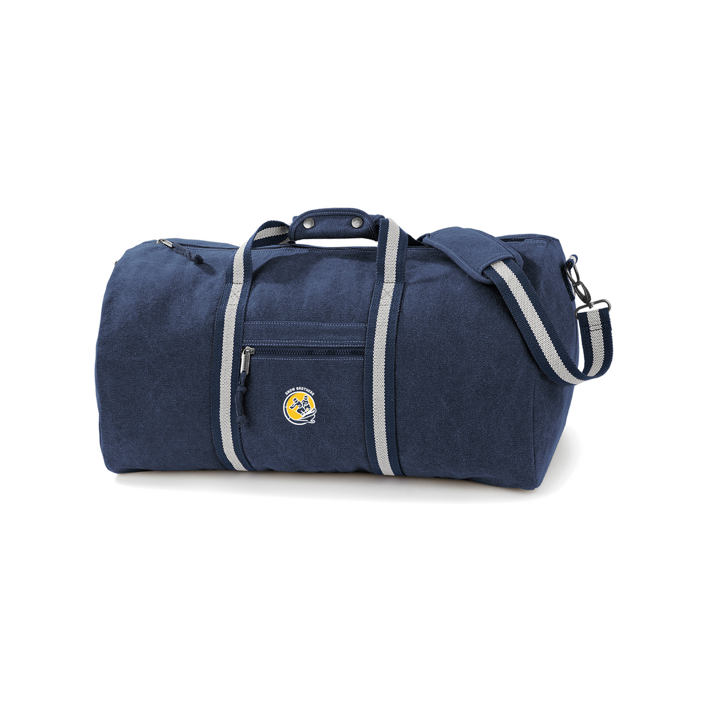 A travel bag or weekend tote featuring an illustration of two skiers side by side. The logo is called 'Snow Brothers