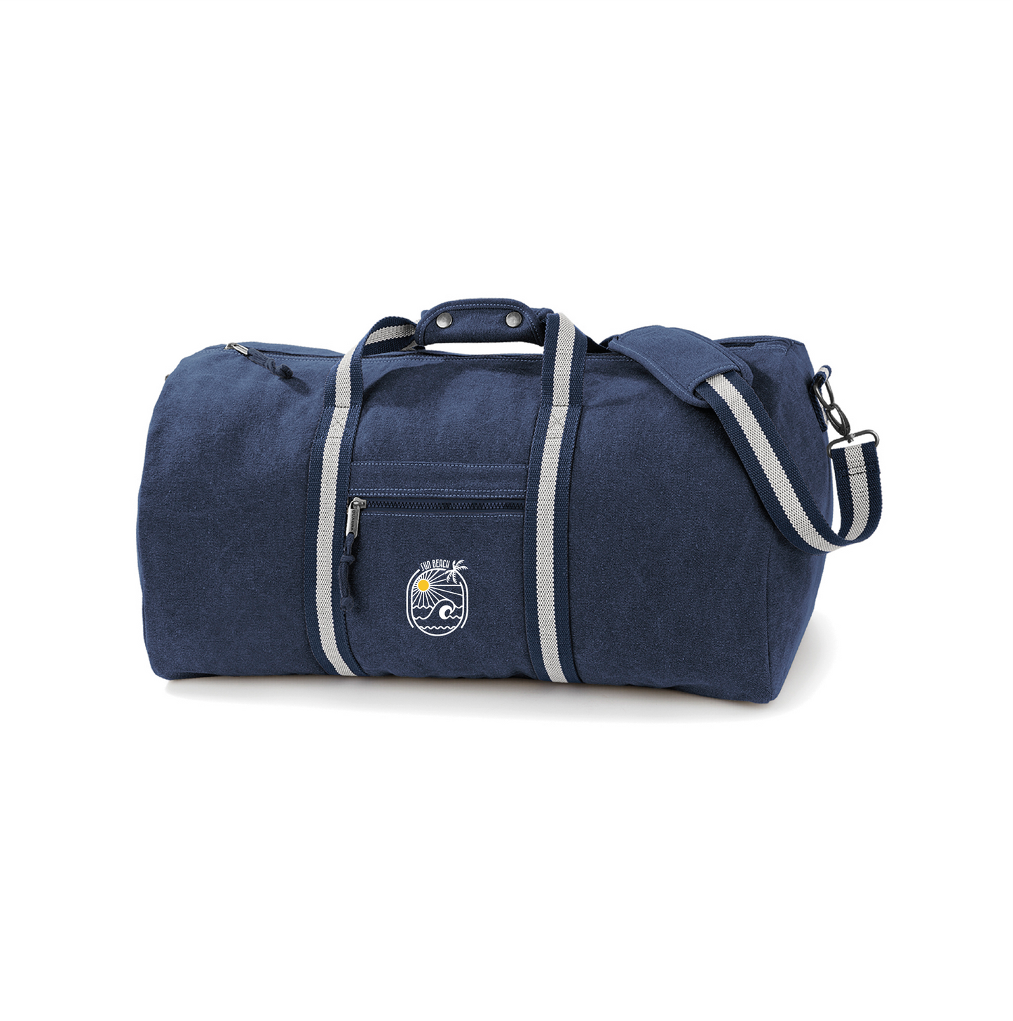 Travelbag with a Logo of a wild ocean with a palmtree swaying in the wind under a reflecting sun the perfect paradise for surfers and sailors who like big waves