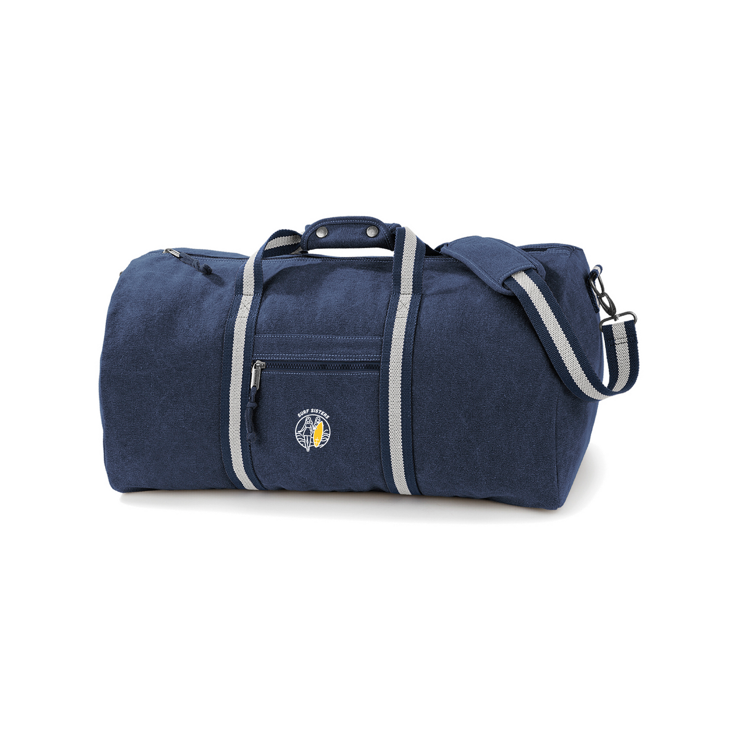 Travelbag with a Logo of two surf babes in front of the ocean carrying a surfboard