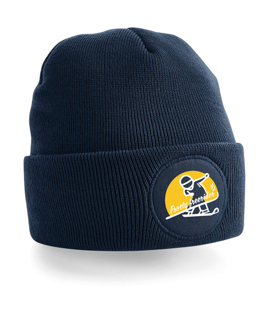 Beanie of muts met Abstract logo van een coole freeride snowboarder met het zonnetje op de achtergrond