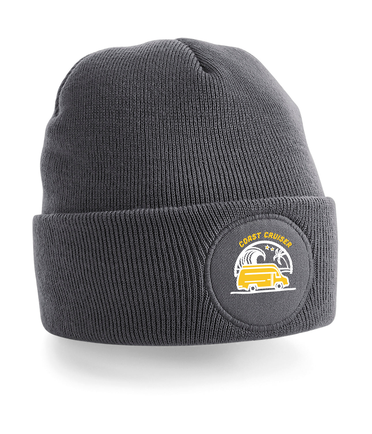 Beanie of a camper van on the beach in front of a wave and a palmtree