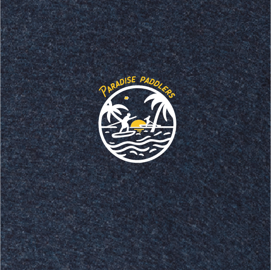 T-shirt with a logo of 2 stand up paddlers in paradise SUPing on clear water, under the sun between palm trees and islands