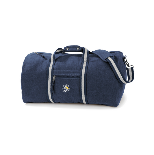 A travel bag or weekend tote featuring an illustration of a skiing grandmother.