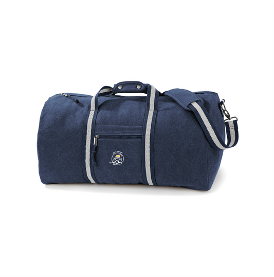 A travel bag or weekend tote featuring an illustration of a skiing grandfather.