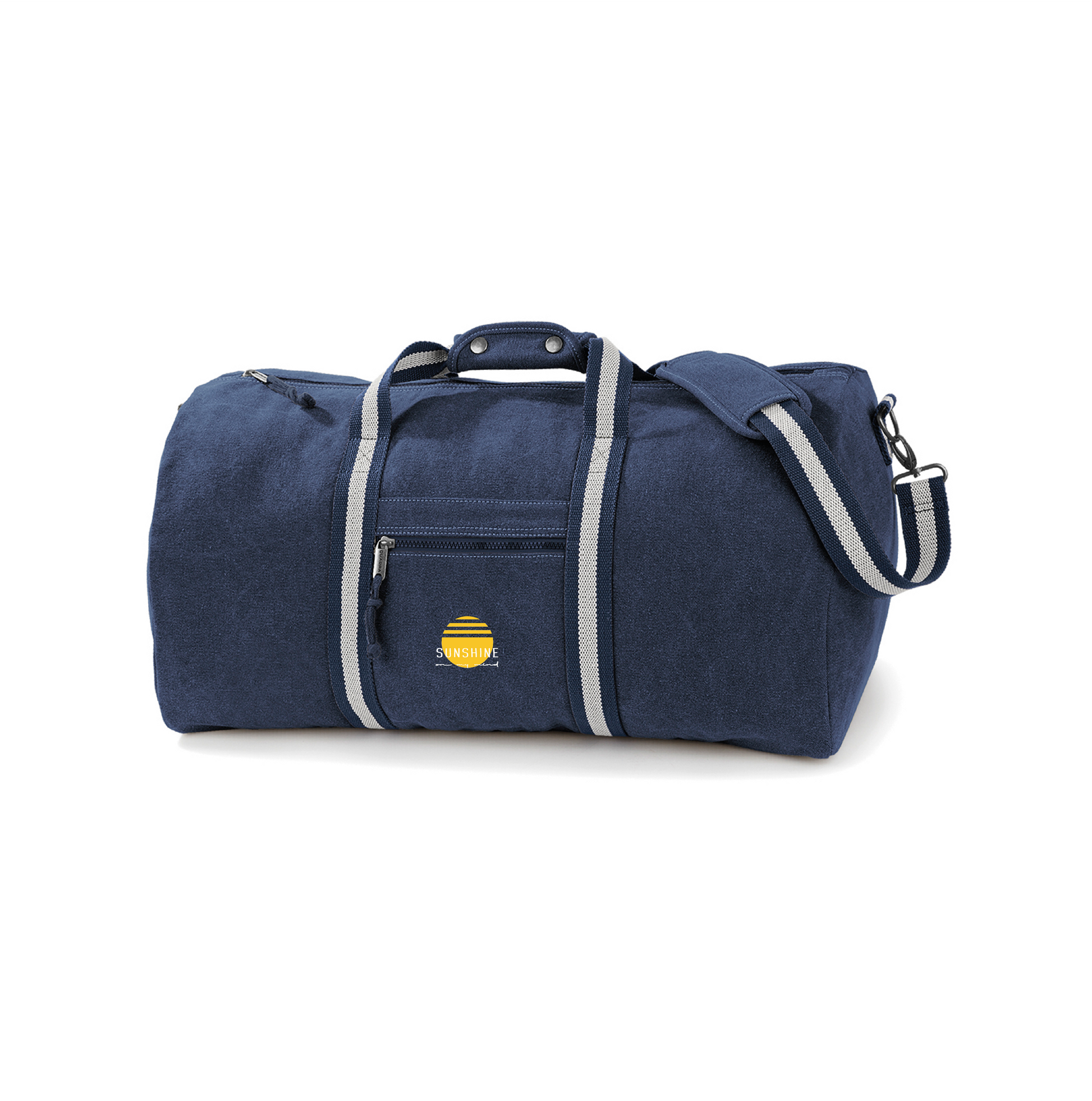 Travelbag with a Logo of a bright sun shining and sparkling with the positive mantra sunshine on my mind