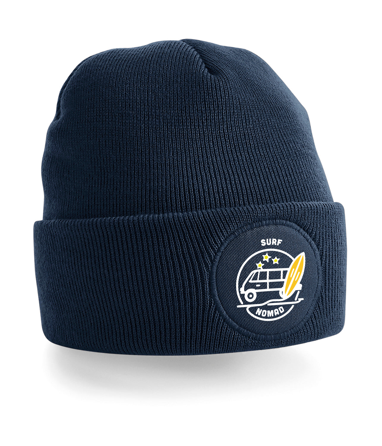 Beanie with a Logo of a surf camper van at the beach. A surf board next to the van