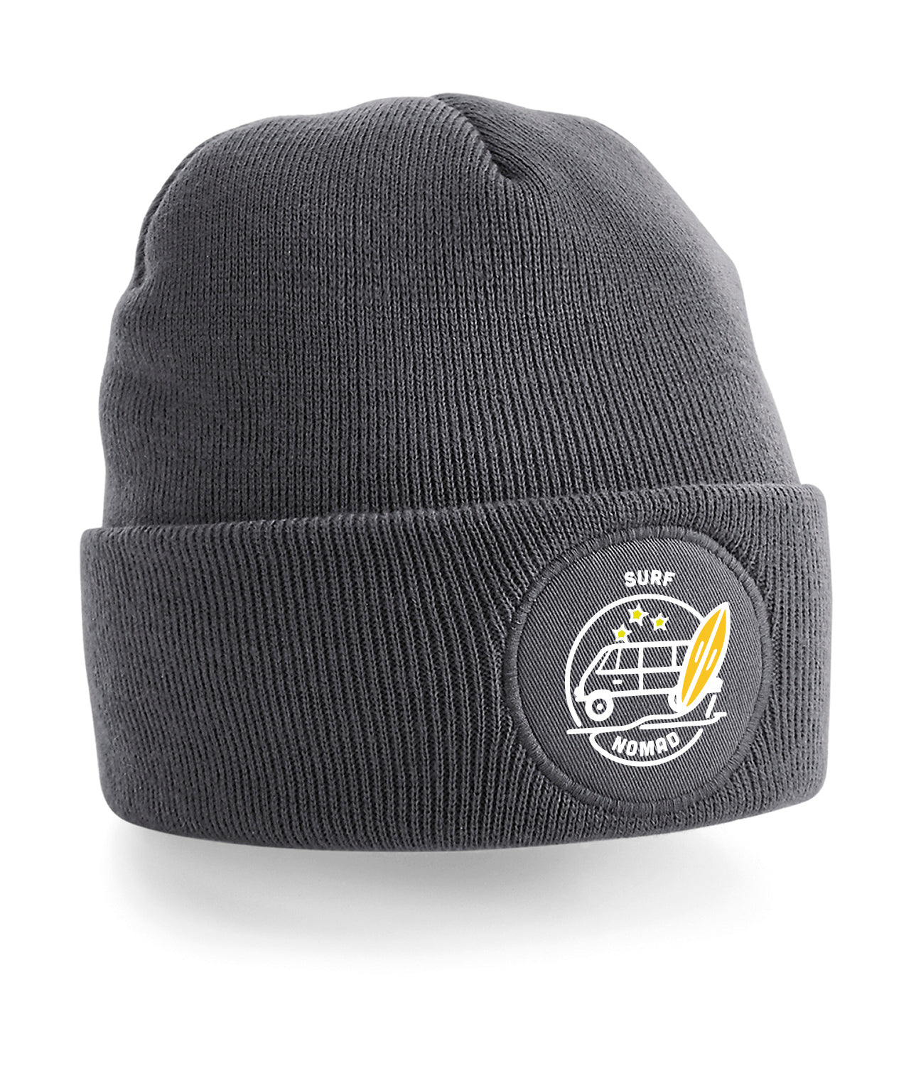 Beanie with a Logo of a surf camper van at the beach. A surf board next to the van