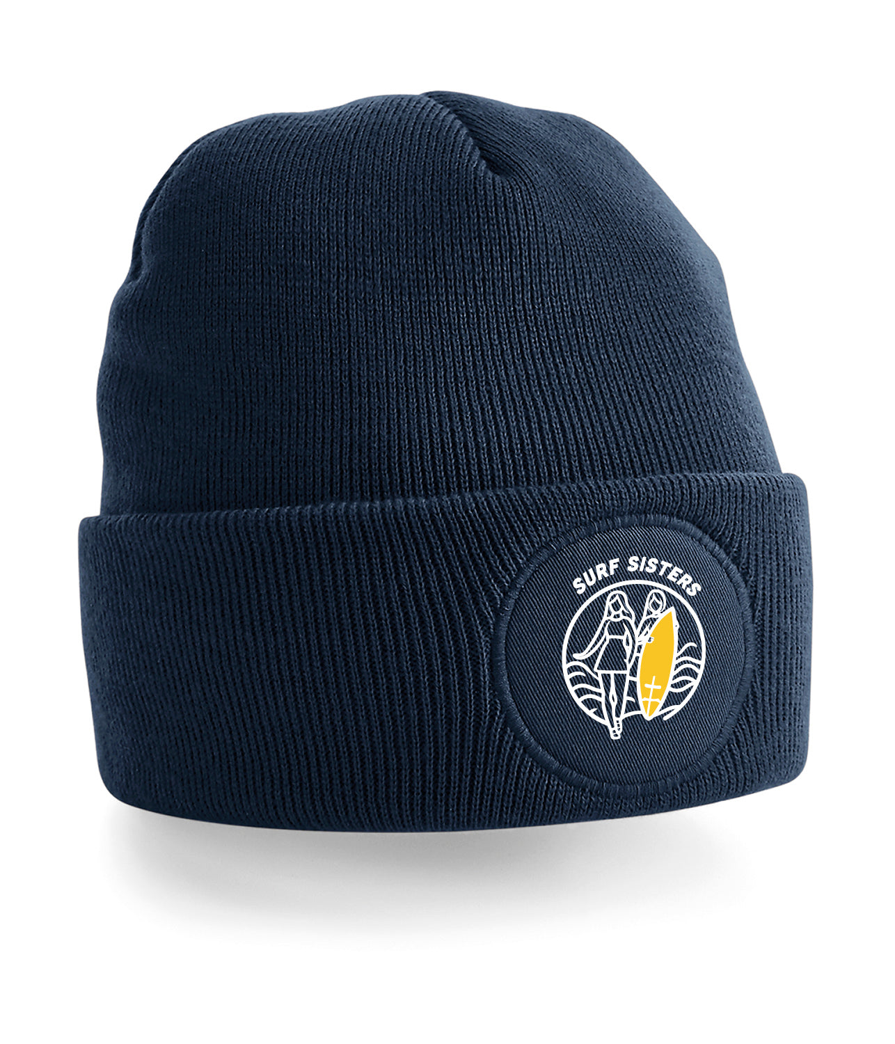 Beanie with a Logo of two surf babes in front of the ocean carrying a surfboard