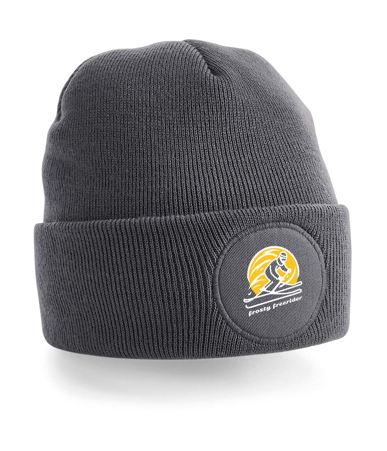 Beanie of muts met Abstract logo van een coole freeride skier met het zonnetje op de achtergrond